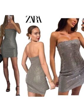 Zara taupe crystal rhinestone embellished diamanté hotfix strapless mini dress